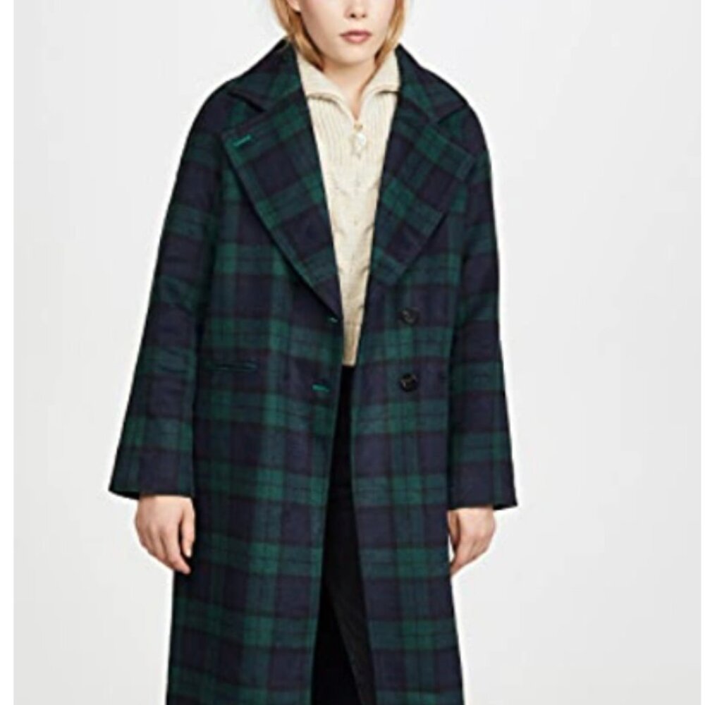 Double-face Plaid Wool-blend Raglan Coat In Navy/ Green - Like New